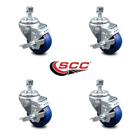 Service Caster 3.5 Inch Solid Polyurethane Swivel 10mm Threaded Stem Caster Set with Brake SCC-TS20S3514-SPUS-TLB-M1015-4